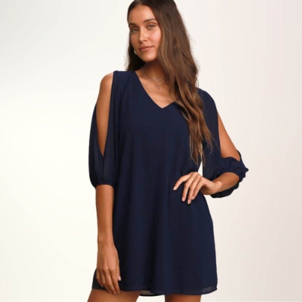 Lulus Shifting Dears 3/4 Sleeve Mini‎ Dress Small Navy Blue NWT Semi Formal